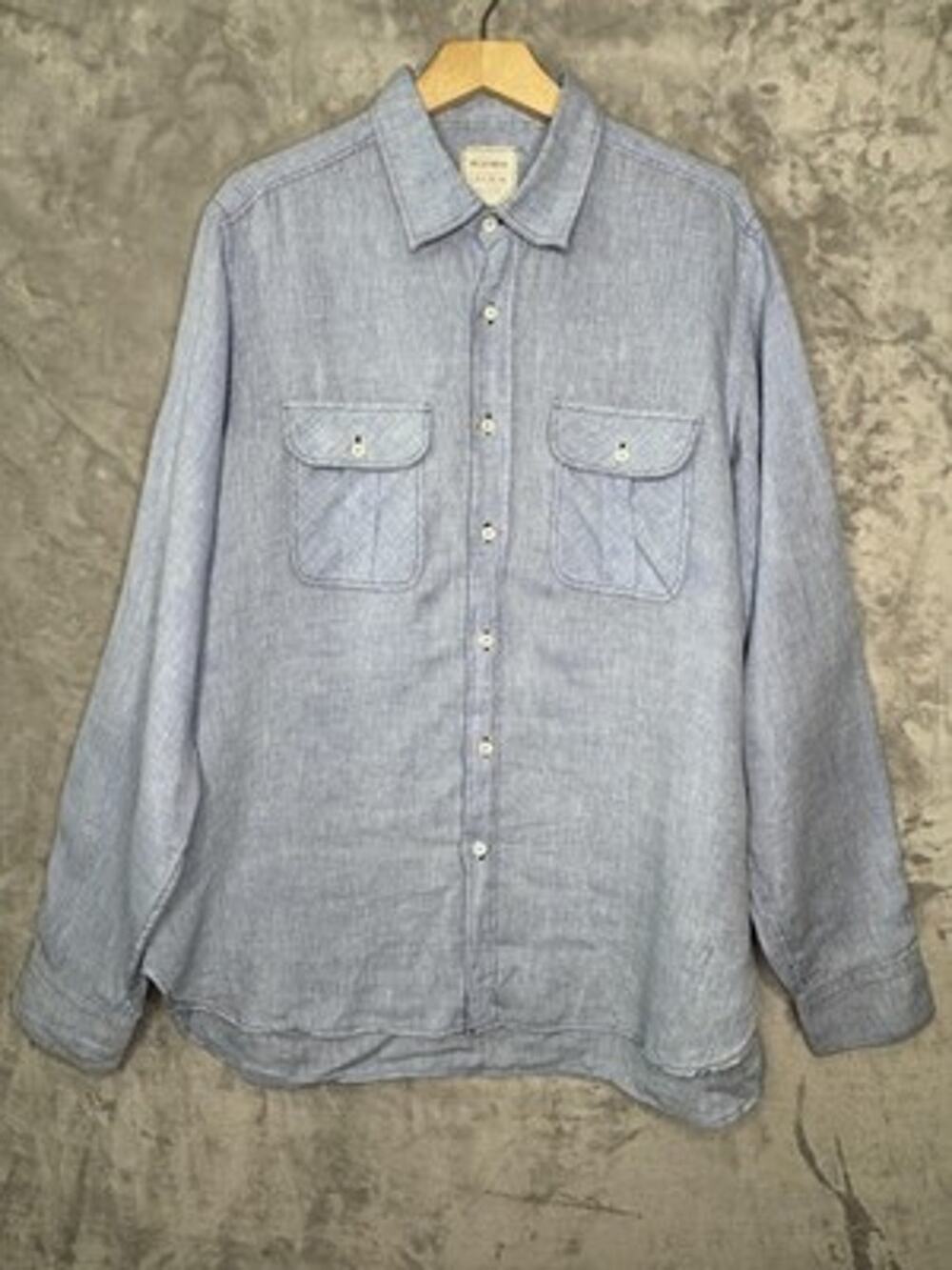 Billy Reid Shirt Mens XL Fit 3 Blue 100% Linen Roll Tab Long Sleeve Casual